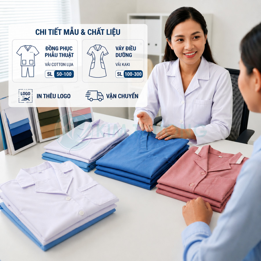 Tư vấn chọn đồng phục y tế với các mẫu áo blouse, đồ phẫu thuật và váy điều dưỡng gấp gọn trên bàn