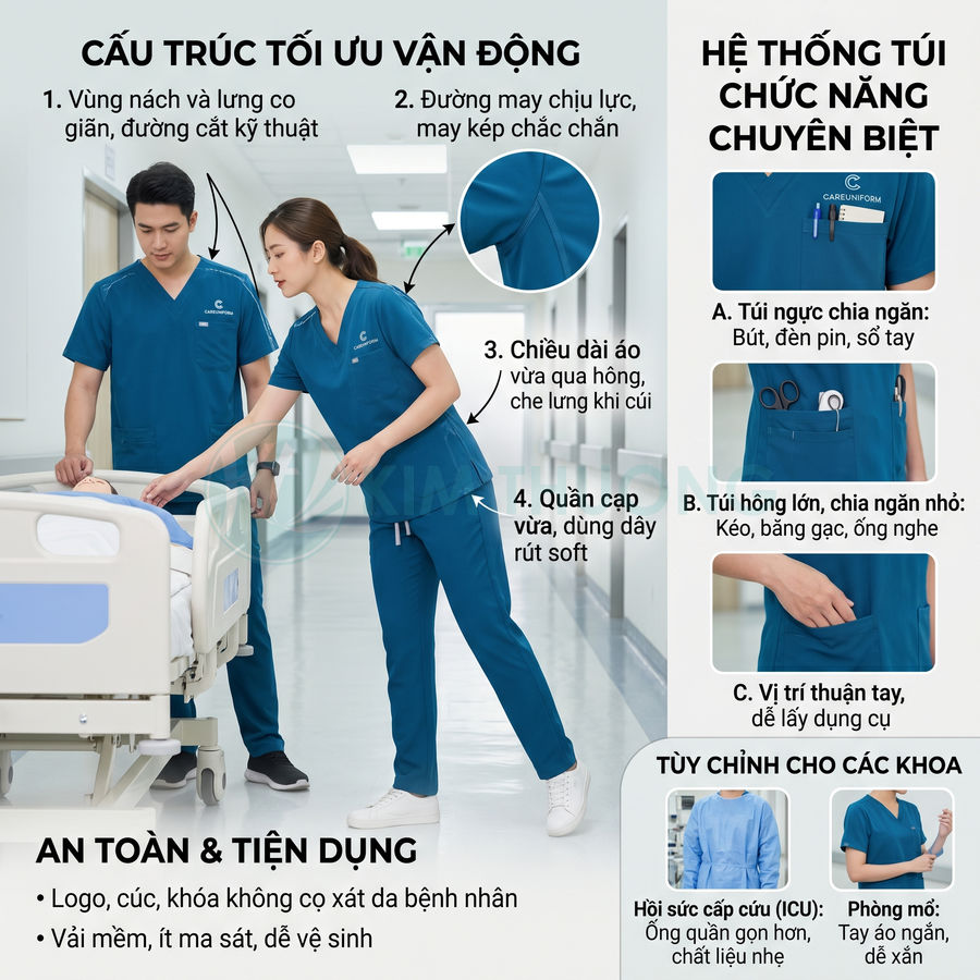 Đồng phục y tá Care Uniform màu xanh dương, thiết kế nhiều túi tiện dụng và co giãn tối ưu cho vận động