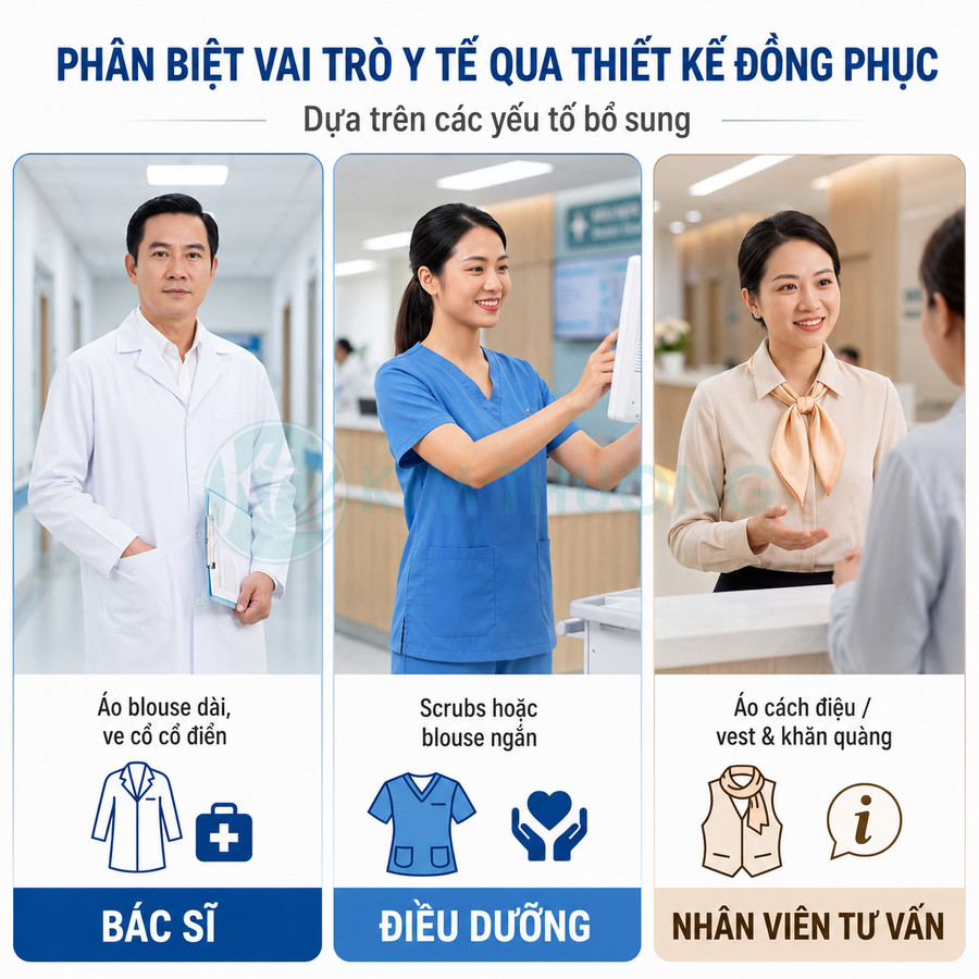 Bác sĩ áo blouse trắng, điều dưỡng mặc scrubs xanh và nhân viên tư vấn mặc sơ mi công sở trong bệnh viện