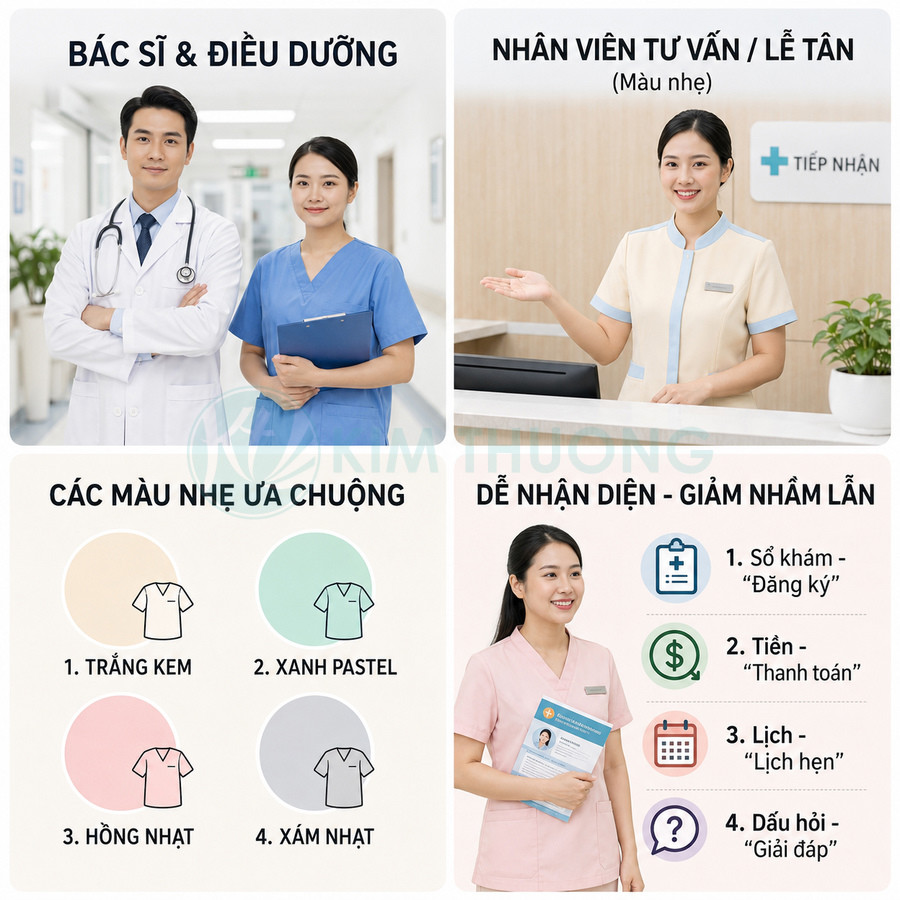 Đồng phục bác sĩ điều dưỡng và lễ tân màu pastel tại bệnh viện giúp phân biệt vị trí công việc