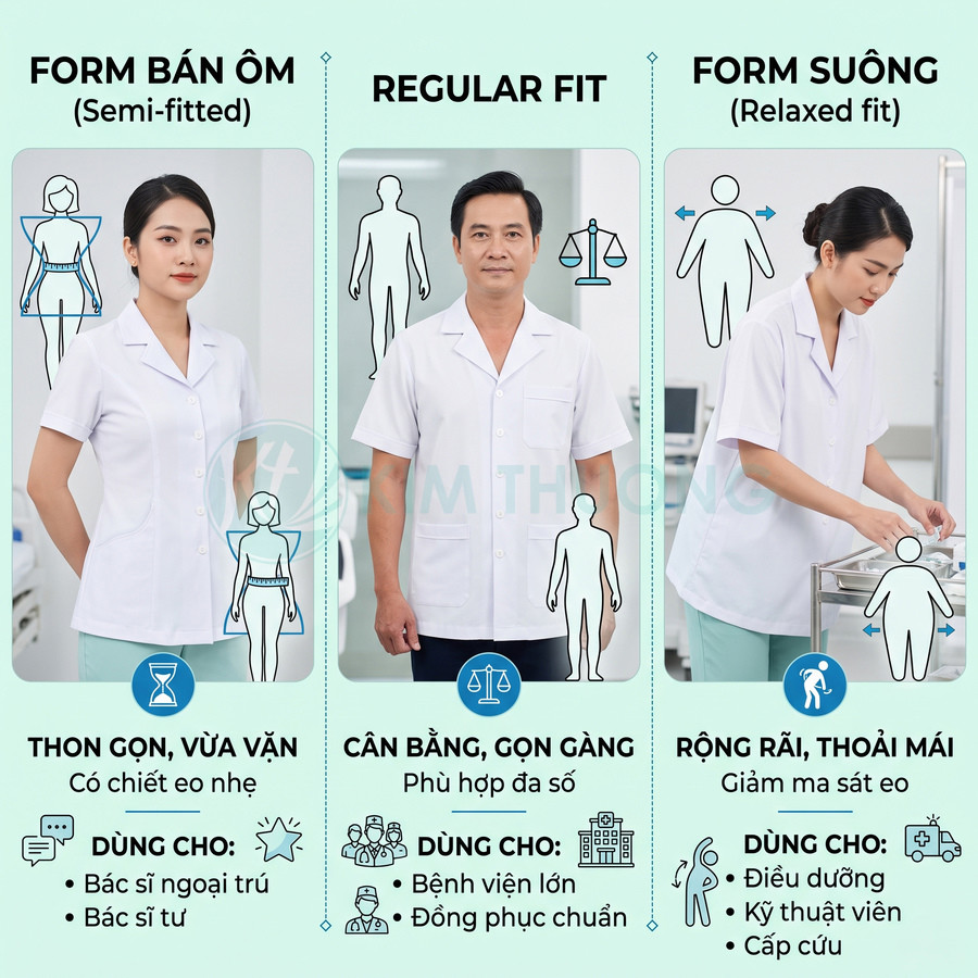 So sánh ba kiểu áo blouse y tế trắng form bán ôm, regular fit và form suông cho bác sĩ điều dưỡng