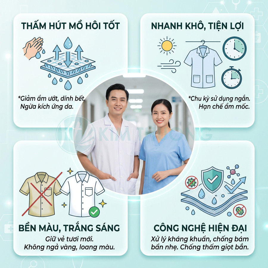 Đồng phục y tế nam nữ màu trắng và xanh, chất liệu thấm hút mồ hôi tốt, nhanh khô, bền màu, kháng khuẩn