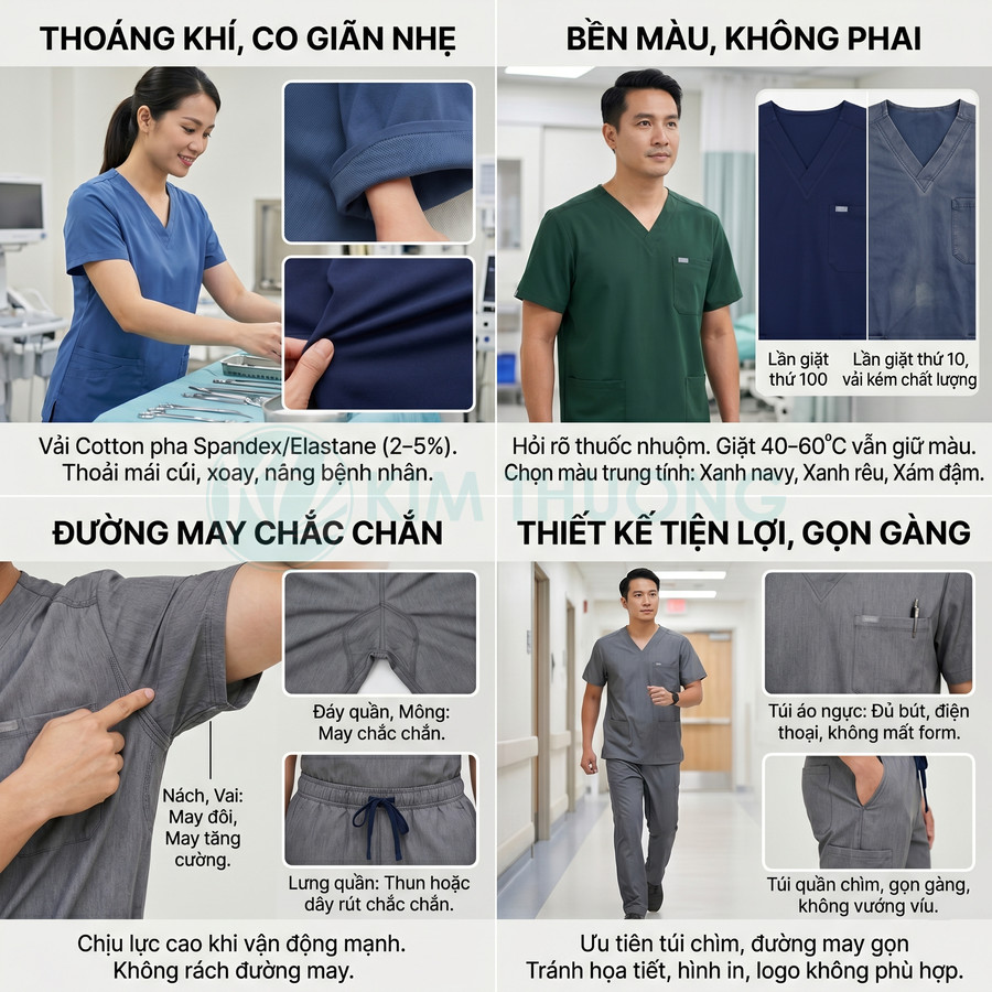 Đồng phục y tá bác sĩ vải cotton co giãn, bền màu, đường may chắc chắn, nhiều túi tiện lợi khi làm việc