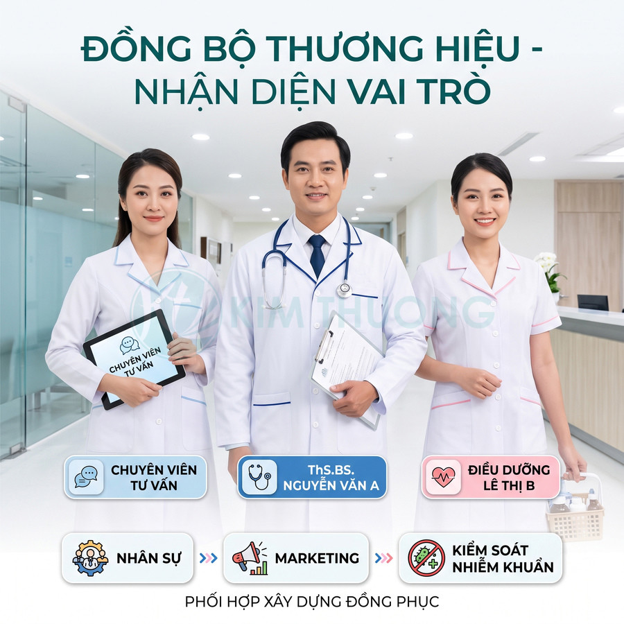 Ba nhân viên y tế mặc đồng phục trắng đứng trong sảnh bệnh viện hiện đại