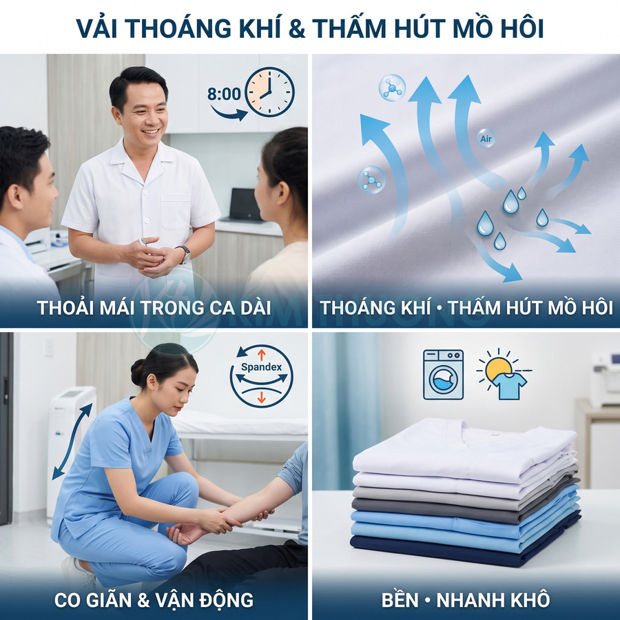 Đồng phục y tá vải thun thoáng khí thấm hút mồ hôi, co giãn tốt, bền và nhanh khô cho ca làm việc dài