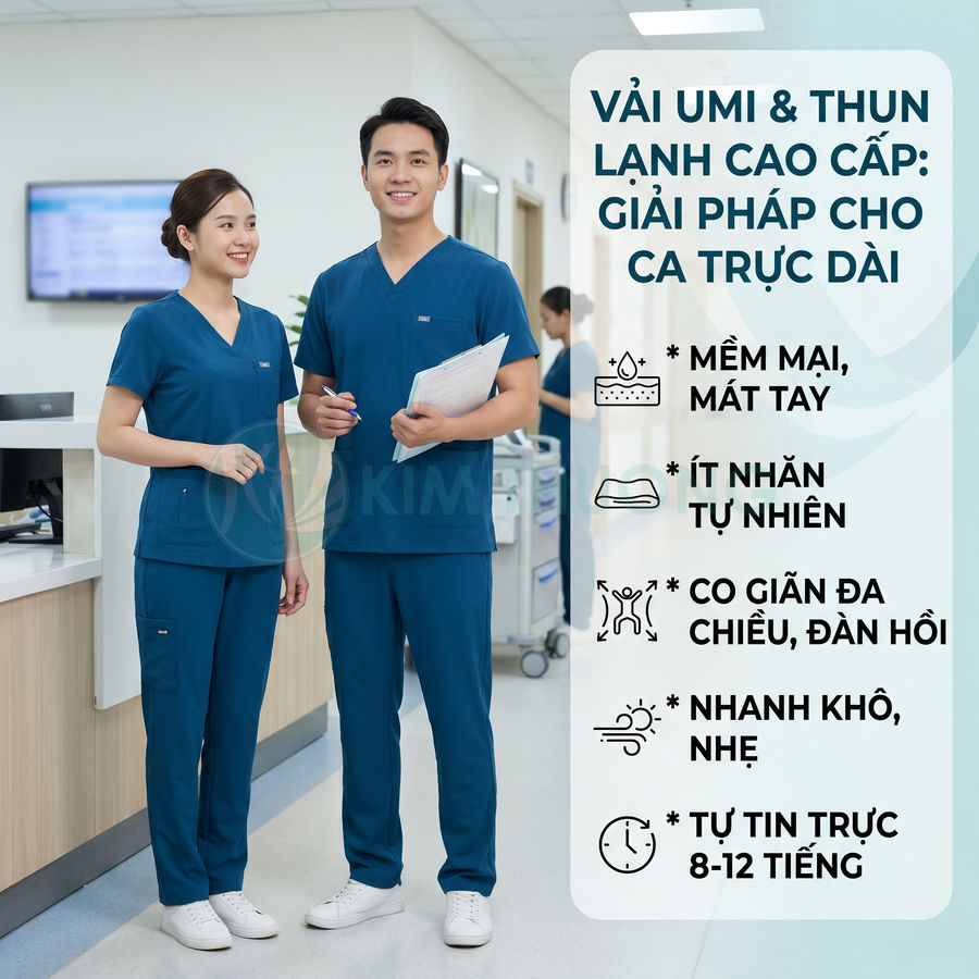 Đồng phục y tá bác sĩ màu xanh chất liệu umi thun lạnh cao cấp mềm mại co giãn cho ca trực dài