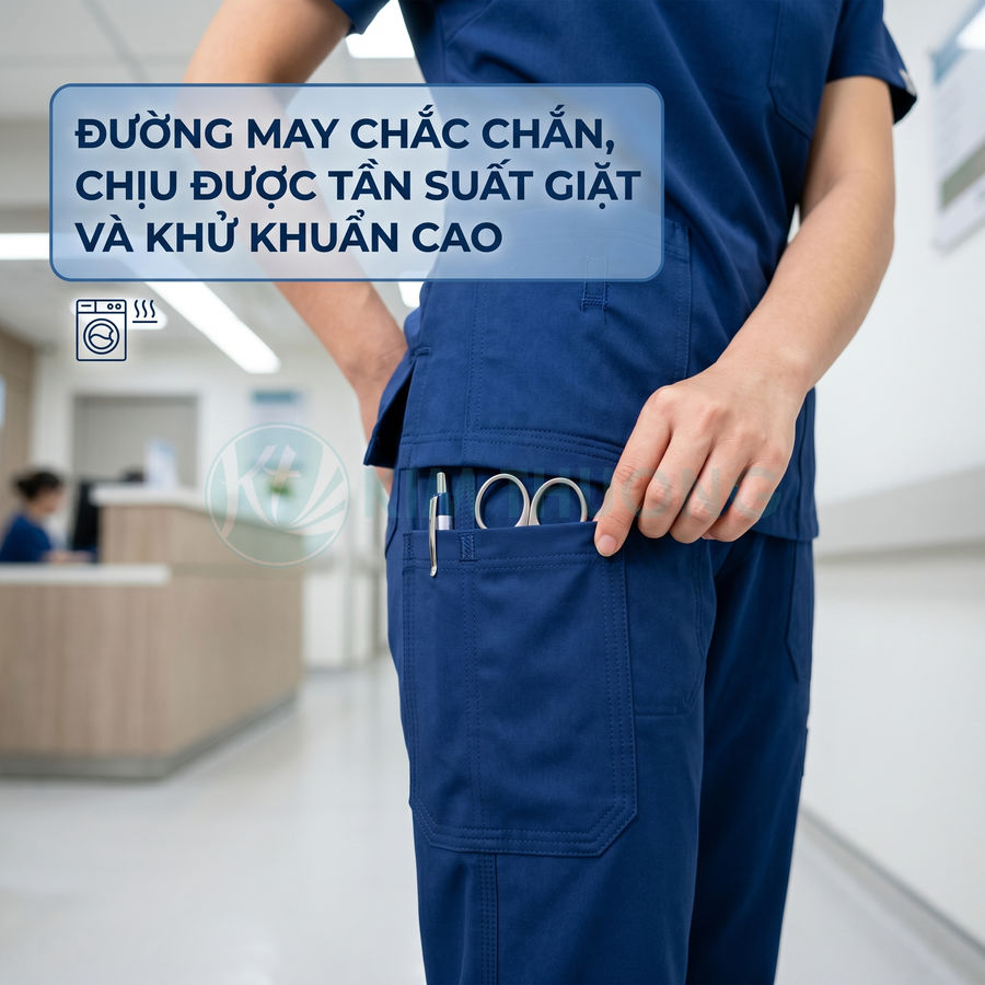Đồng phục y tá màu xanh đậm với túi quần đựng kéo và bút, đường may chắc chắn trong bệnh viện