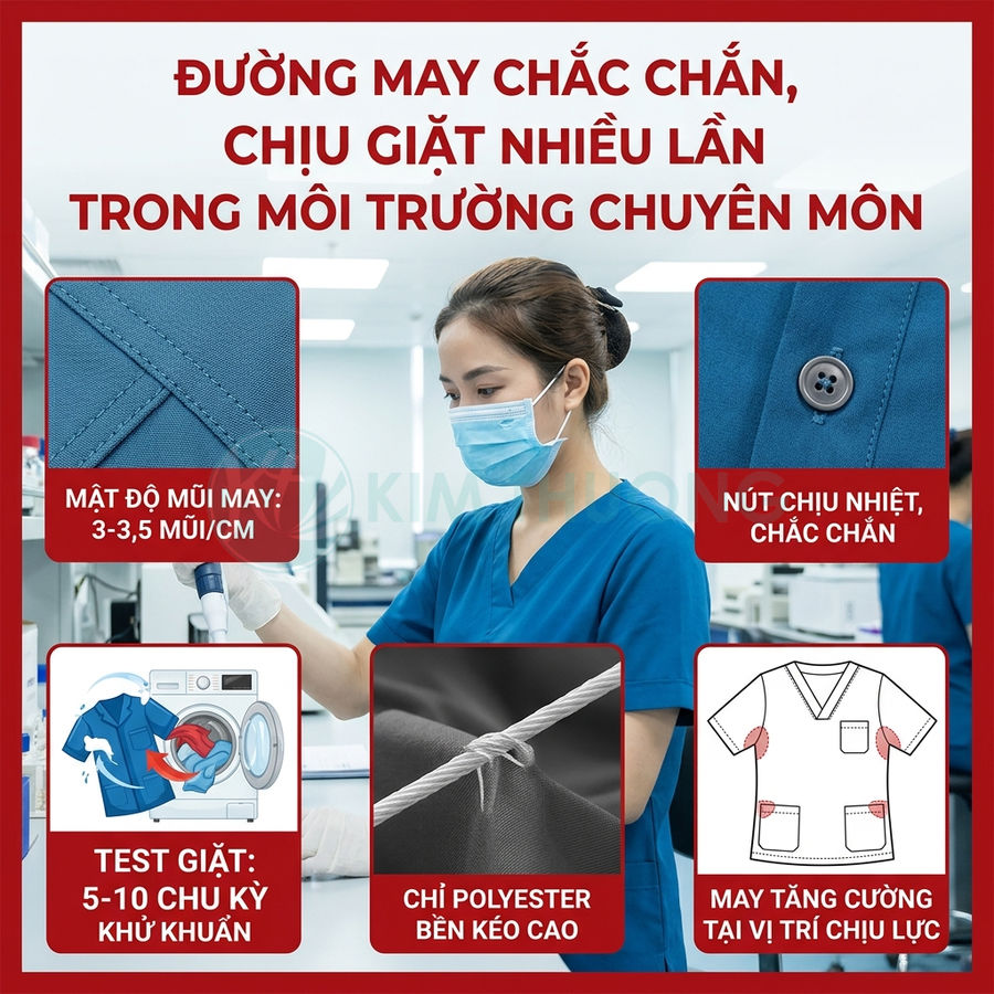 Đồng phục y tế màu xanh dương đường may chắc chắn, nút chịu nhiệt, vải bền chịu giặt nhiều lần trong môi trường chuyên môn
