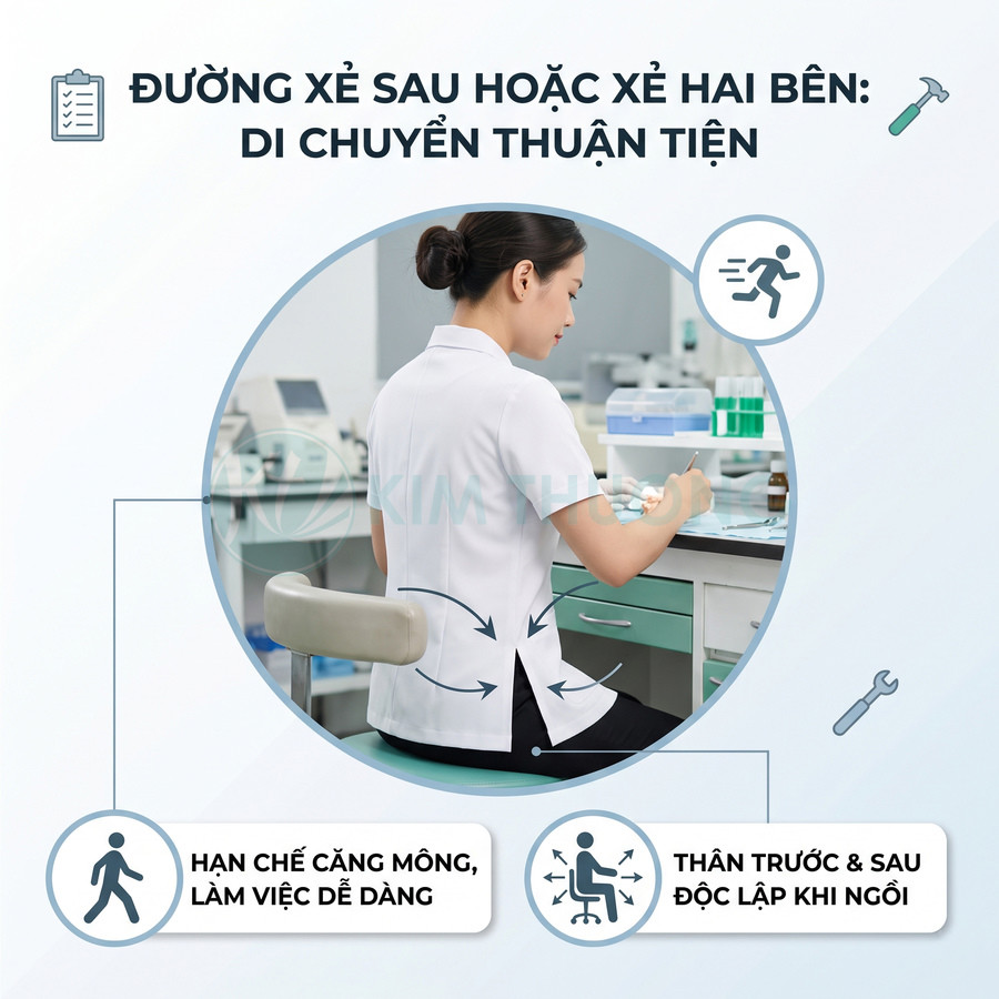 Áo blouse y tế nữ màu trắng xẻ sau giúp di chuyển và ngồi làm việc thoải mái trong phòng khám
