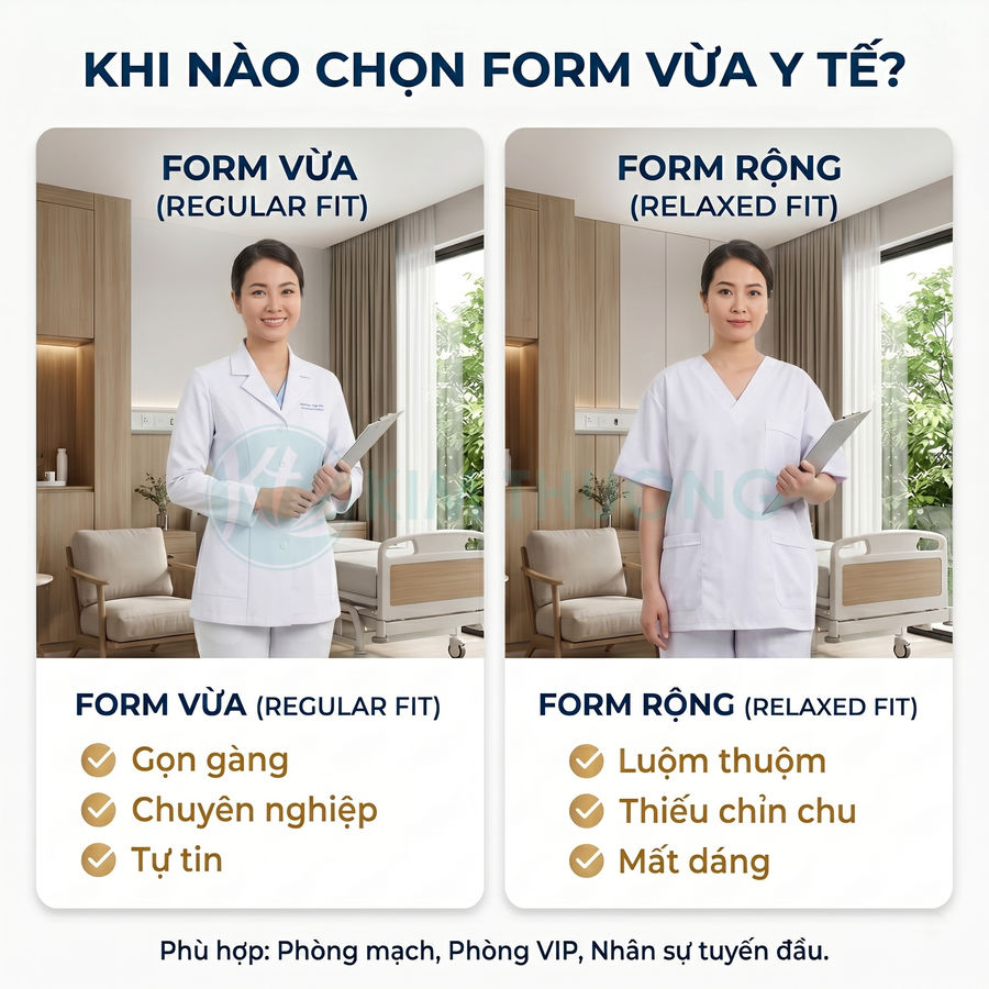 So sánh đồng phục y tế form vừa và form rộng trên nữ bác sĩ trong phòng khám hiện đại