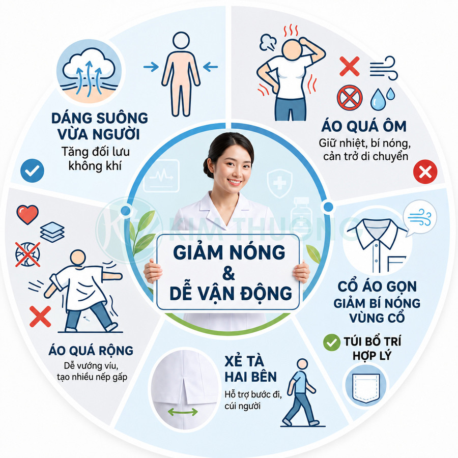 Đồng phục y tá dáng suông vừa người, cổ áo gọn, xẻ tà hai bên giúp giảm nóng và dễ vận động