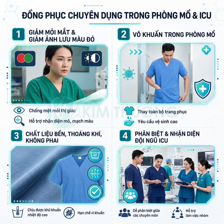 Đồng phục phẫu thuật và ICU màu xanh cho bác sĩ y tá, chất liệu bền thoáng khí, hỗ trợ vô khuẩn và nhận diện đội ngũ