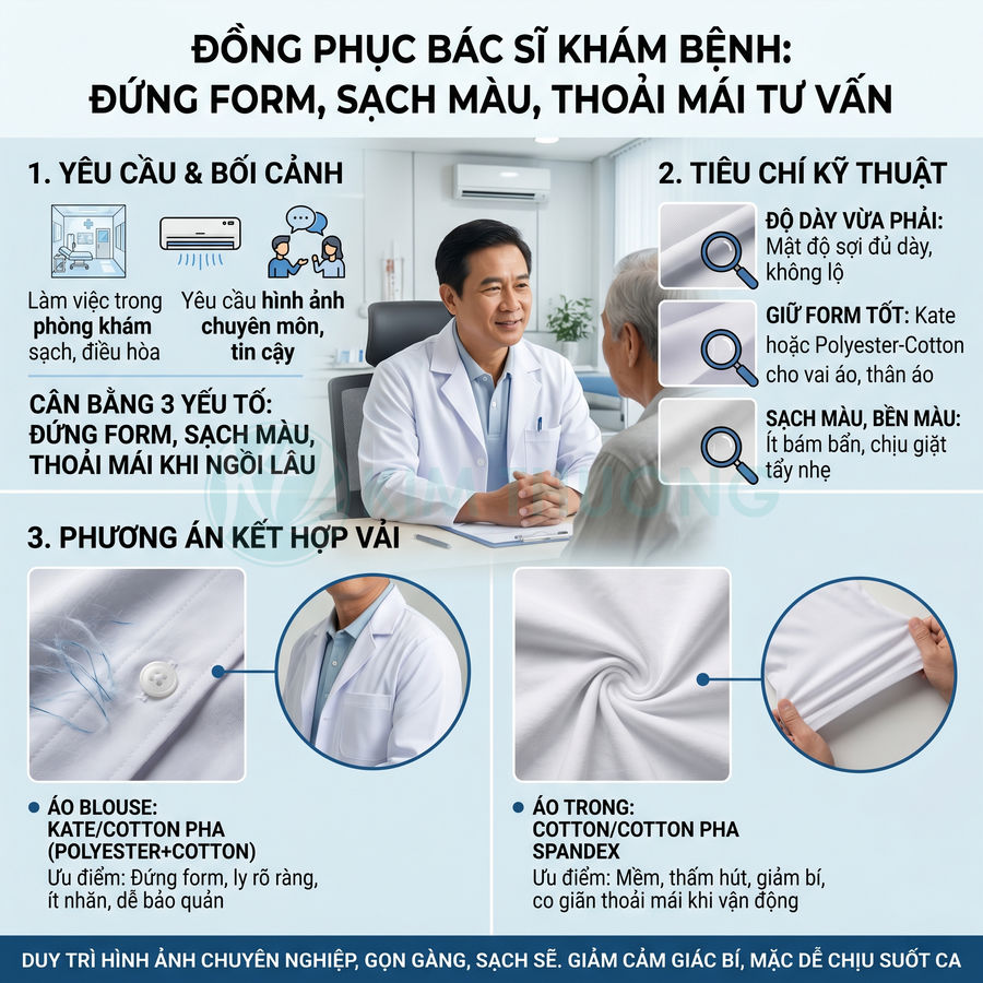 Đồng phục bác sĩ khám bệnh màu trắng form đứng, áo blouse kate cotton pha và áo trong cotton spandex sạch sẽ, chuyên nghiệp
