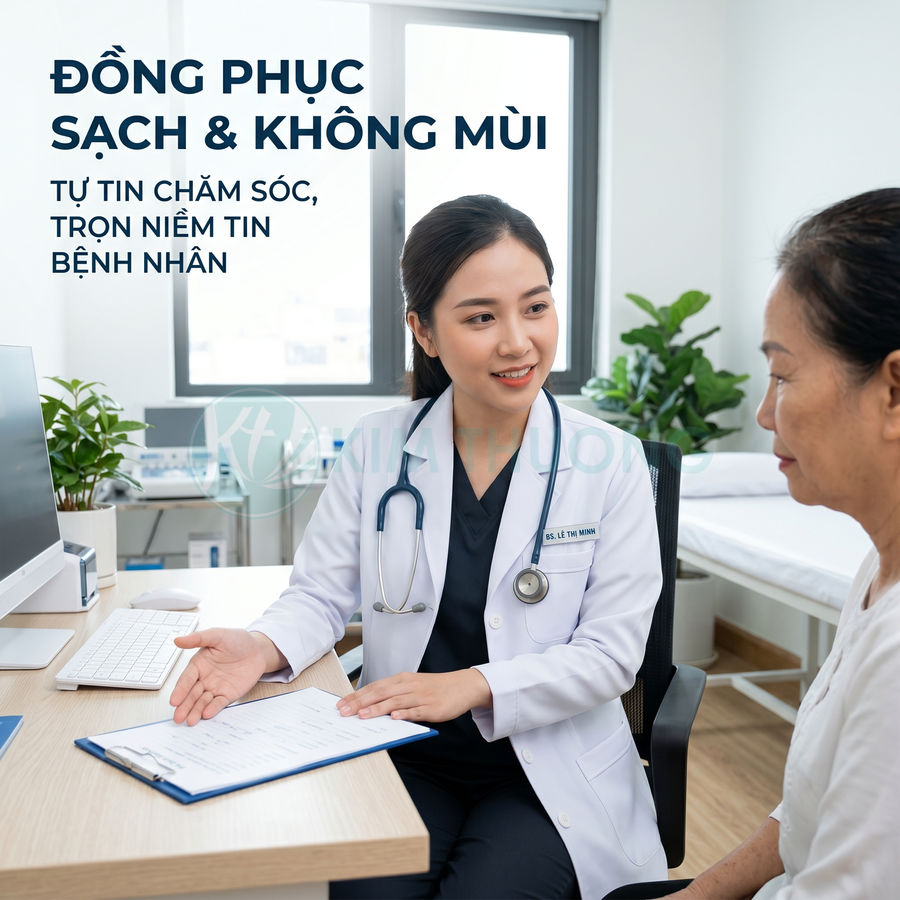Bác sĩ nữ mặc áo blouse trắng sạch sẽ tư vấn cho bệnh nhân lớn tuổi trong phòng khám hiện đại