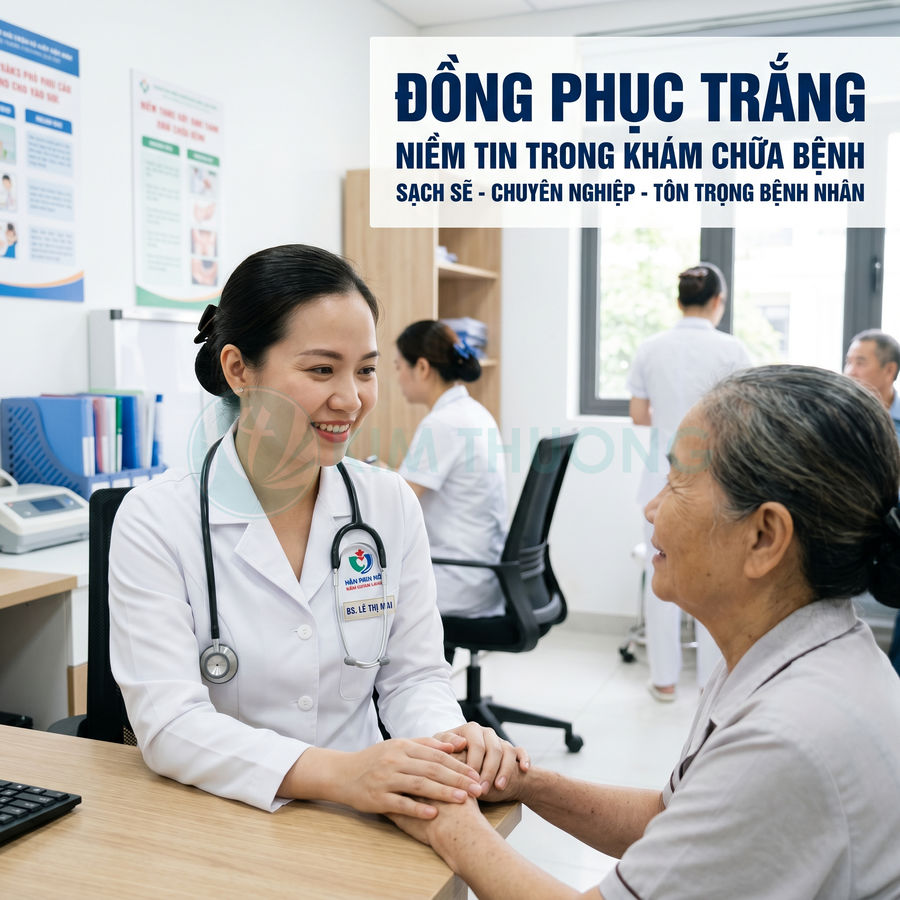 Bác sĩ nữ mặc đồng phục trắng khám và tư vấn cho bệnh nhân lớn tuổi trong phòng khám hiện đại