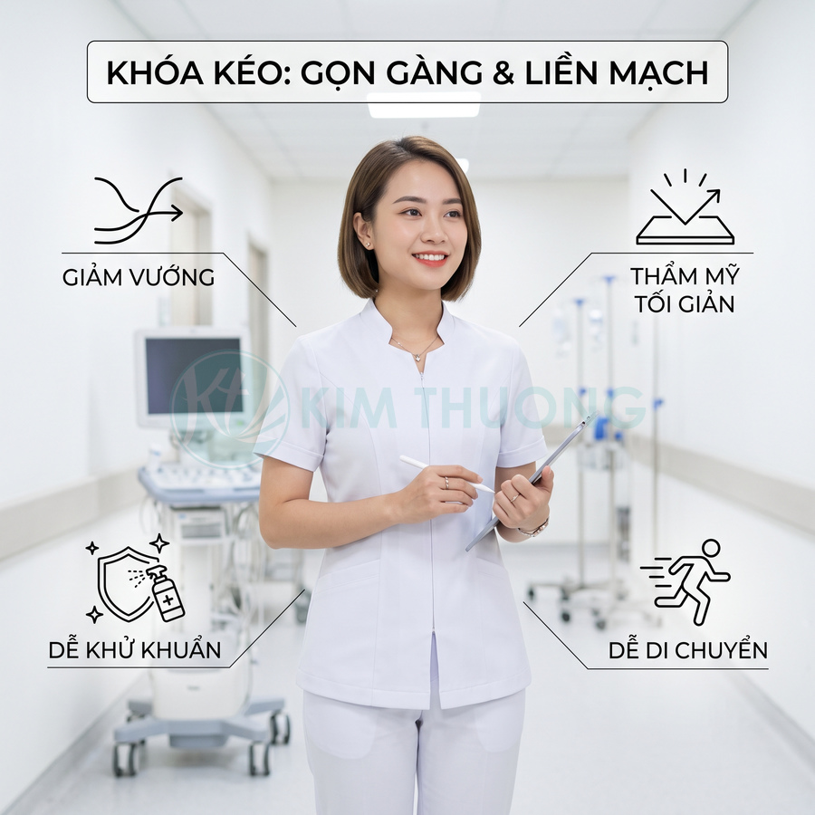 Đồng phục y tá nữ màu trắng khóa kéo gọn gàng thương hiệu Kim Thương trong bệnh viện hiện đại