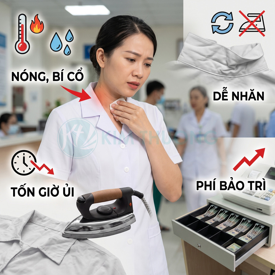 Nhân viên y tế mặc áo blouse trắng khó chịu vì cổ áo nóng bí, dễ nhăn, tốn thời gian ủi và tăng phí bảo trì
