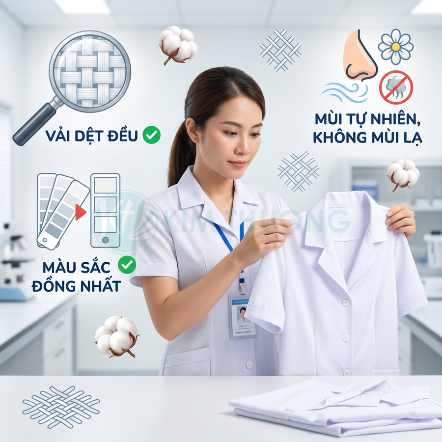 Nhân viên kiểm tra áo blouse trắng vải dệt đều, màu sắc đồng nhất, chất liệu cotton không mùi lạ