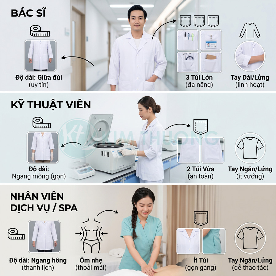 Đồng phục bác sĩ, kỹ thuật viên và nhân viên spa với thiết kế áo blouse trắng và áo spa xanh chuyên nghiệp