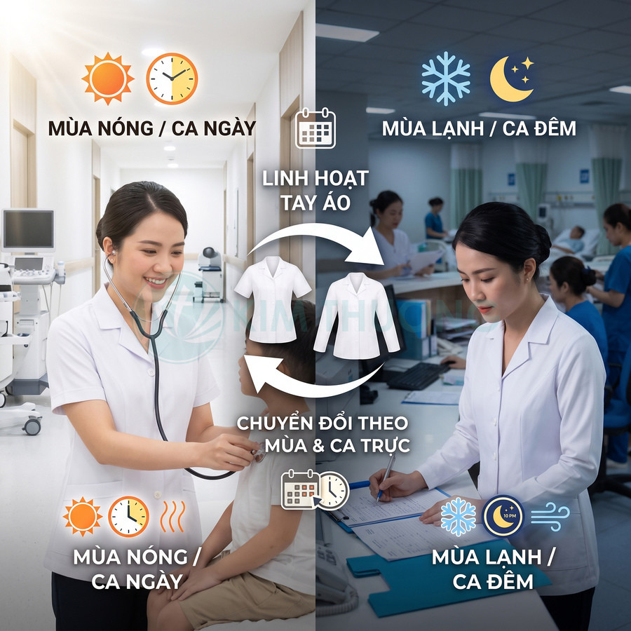 Đồng phục y tá tay ngắn và tay dài linh hoạt cho mùa nóng ca ngày và mùa lạnh ca đêm trong bệnh viện