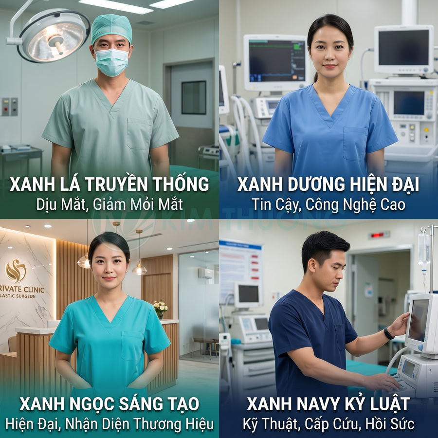 Bốn mẫu đồng phục y tá bác sĩ màu xanh lá, xanh dương, xanh ngọc và xanh navy trong môi trường bệnh viện hiện đại