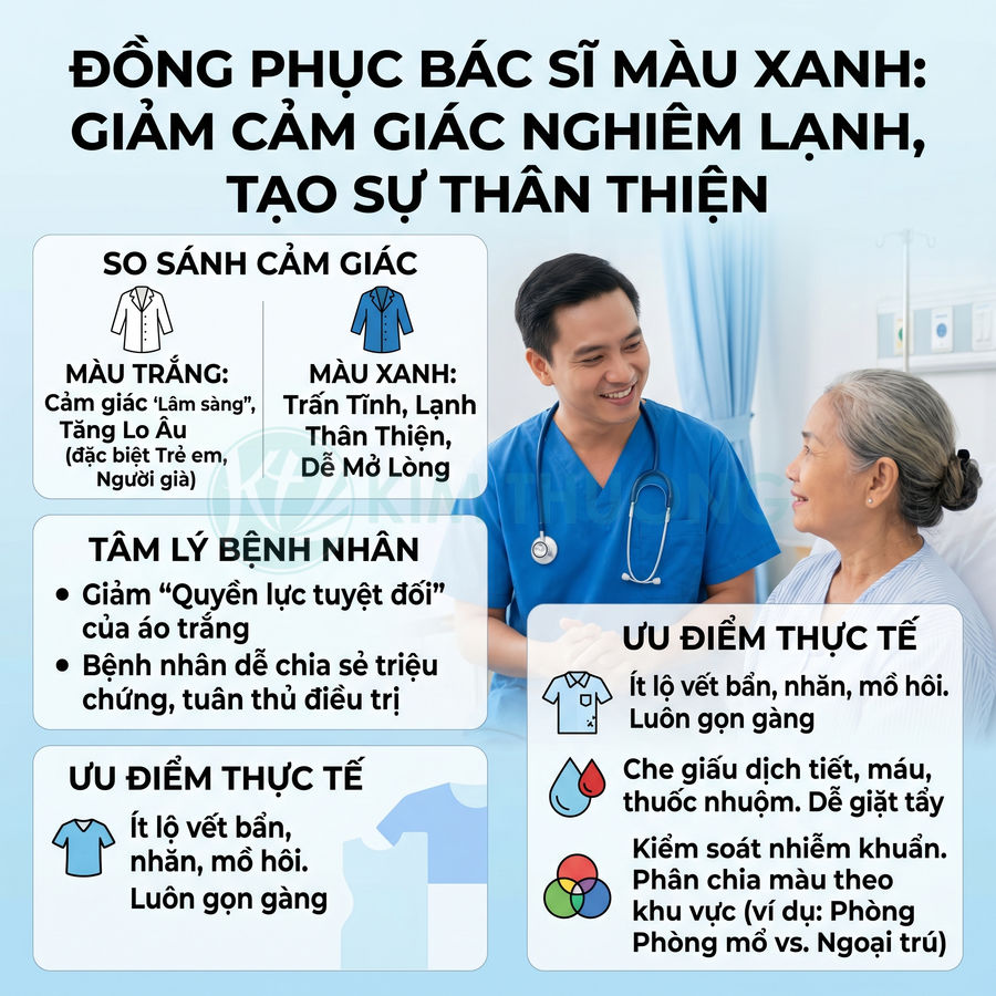 Bác sĩ mặc đồng phục y tế màu xanh tươi cười trò chuyện thân thiện với bệnh nhân lớn tuổi trên giường bệnh