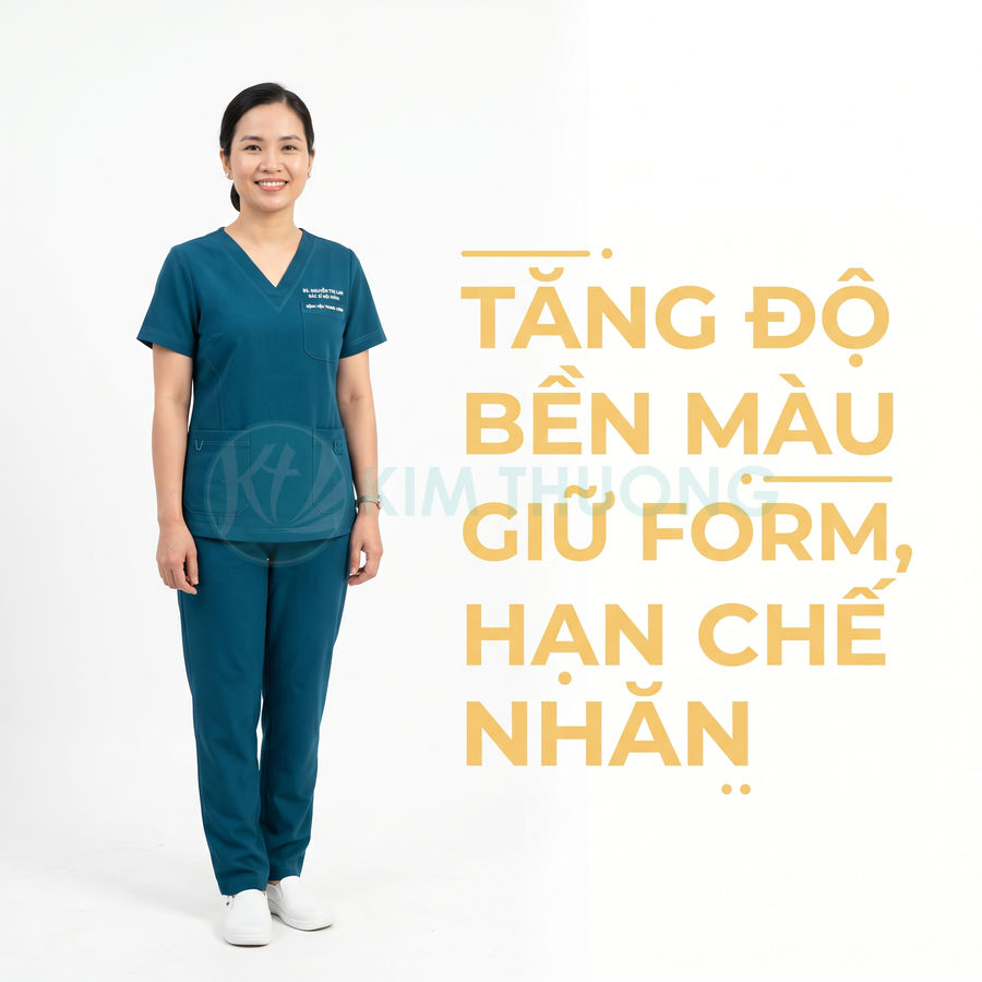 Đồng phục y tá màu xanh cổ tim, quần áo y tế nữ đứng trên nền trắng, chất liệu bền màu giữ form hạn chế nhăn