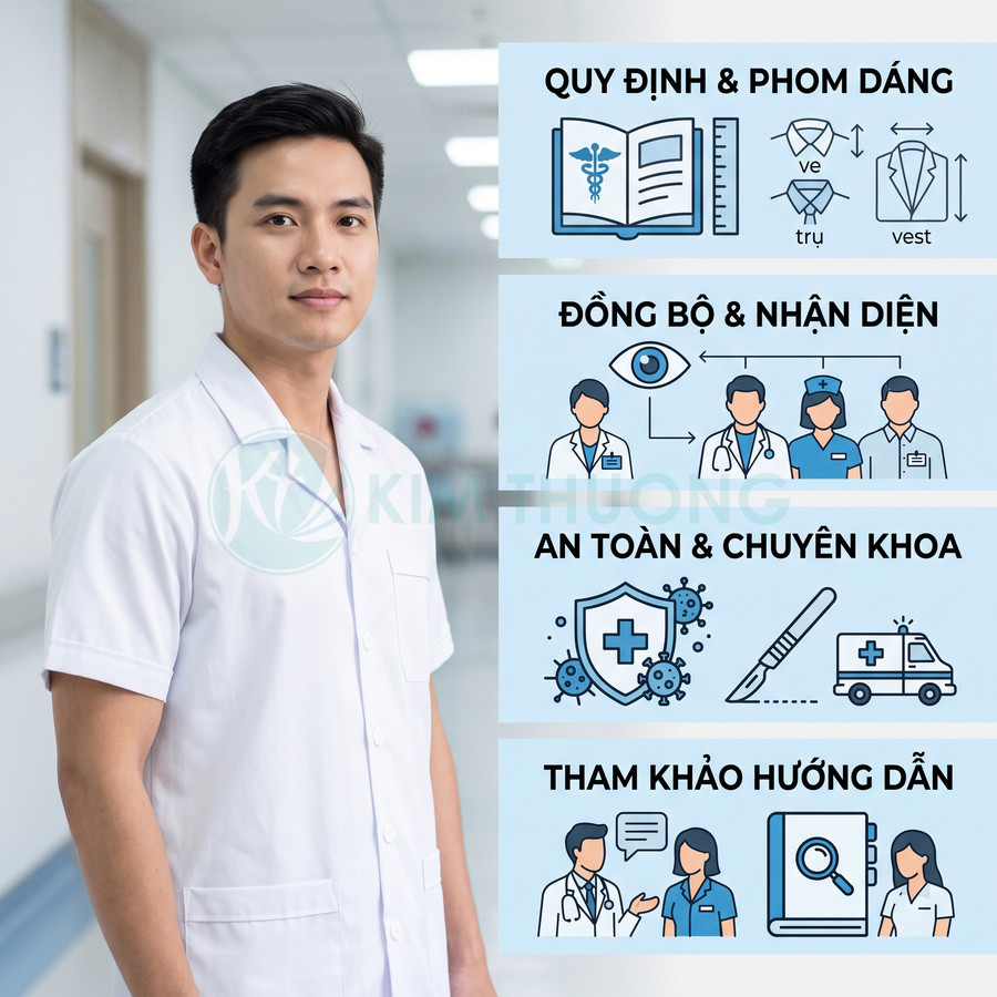 Bác sĩ nam mặc áo blouse trắng đứng trong bệnh viện cạnh infographic về quy định và an toàn đồng phục y tế