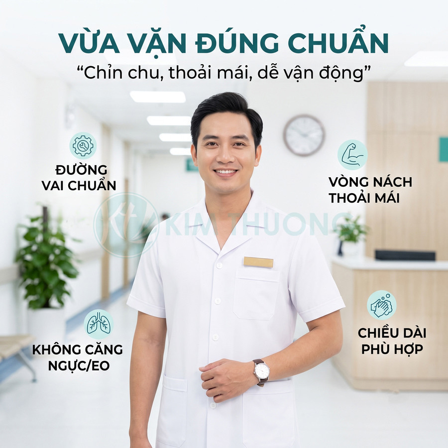 Nam nhân viên y tế mặc áo blouse trắng vừa vặn, thoải mái trong bệnh viện hiện đại