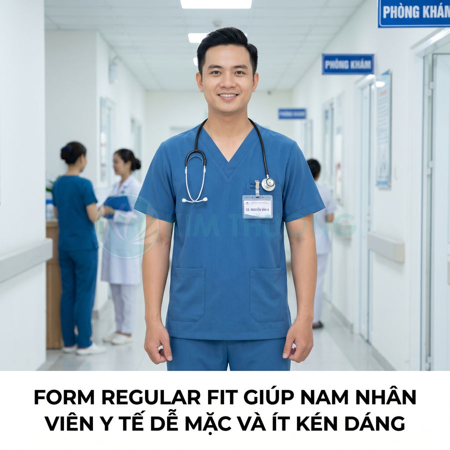Đồng phục scrubs màu xanh dương form regular fit cho nam nhân viên y tế trong bệnh viện