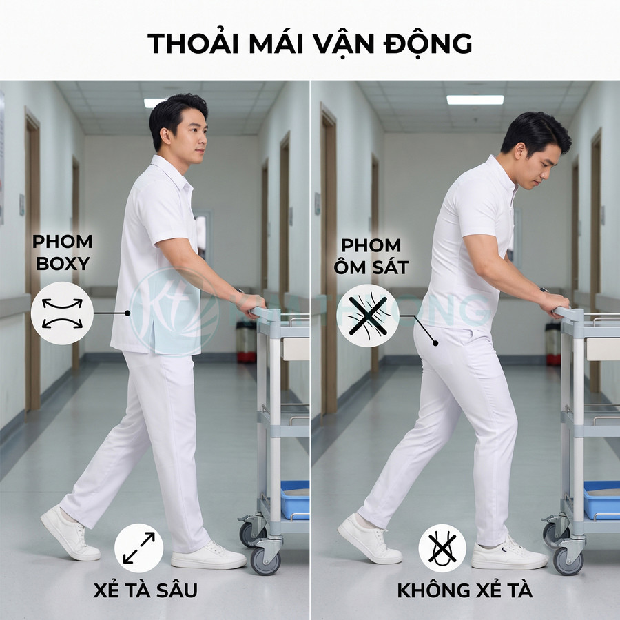 Đồng phục y tá nam màu trắng phom boxy xẻ tà sâu giúp vận động thoải mái khi đẩy xe y tế trong hành lang bệnh viện