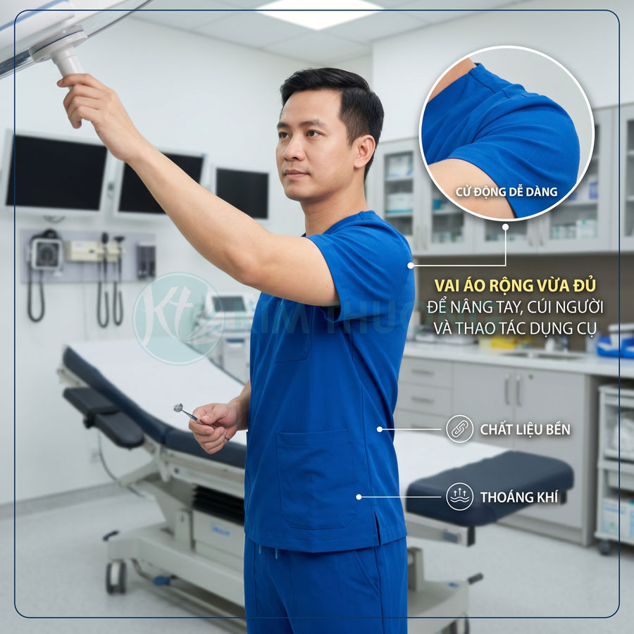 Bộ quần áo scrub y tế màu xanh dương cho bác sĩ, chất liệu bền, thoáng khí, vai áo rộng dễ vận động