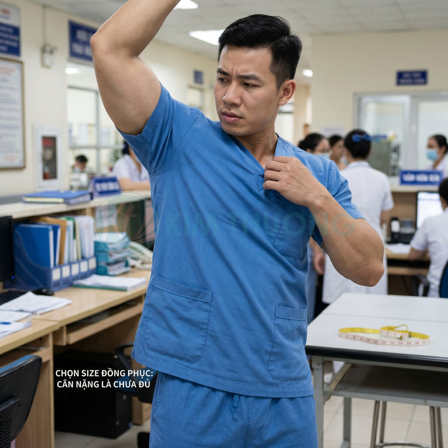 Nam nhân viên y tế mặc đồng phục scrub xanh dương đứng trong phòng khám kiểm tra vùng nách