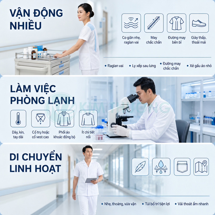 Đồng phục y tế màu trắng cho bác sĩ và điều dưỡng, thiết kế thoải mái, co giãn, phù hợp vận động và làm việc phòng lạnh