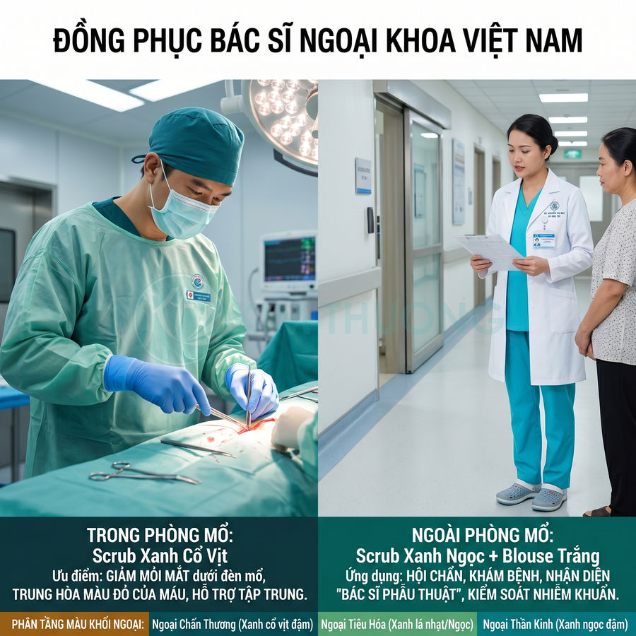 Đồng phục bác sĩ ngoại khoa Việt Nam với scrub xanh trong phòng mổ và scrub xanh ngọc kèm áo blouse trắng ngoài phòng mổ