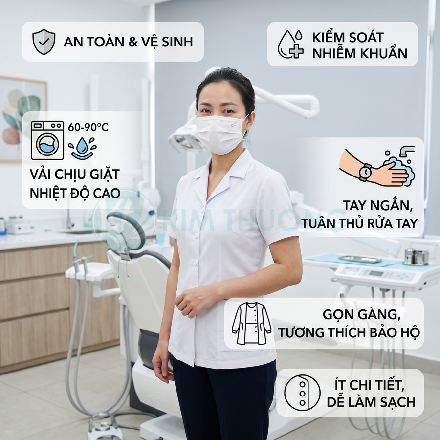 Đồng phục y tá tay ngắn màu trắng vải chịu nhiệt, thiết kế gọn gàng dễ làm sạch trong phòng khám nha khoa