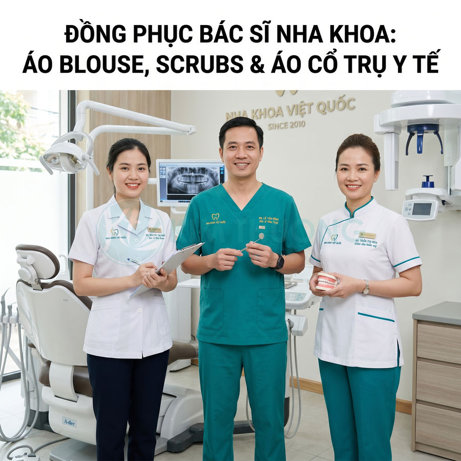 Ba bác sĩ nha khoa mặc đồng phục blouse và scrubs đứng trong phòng khám răng hiện đại