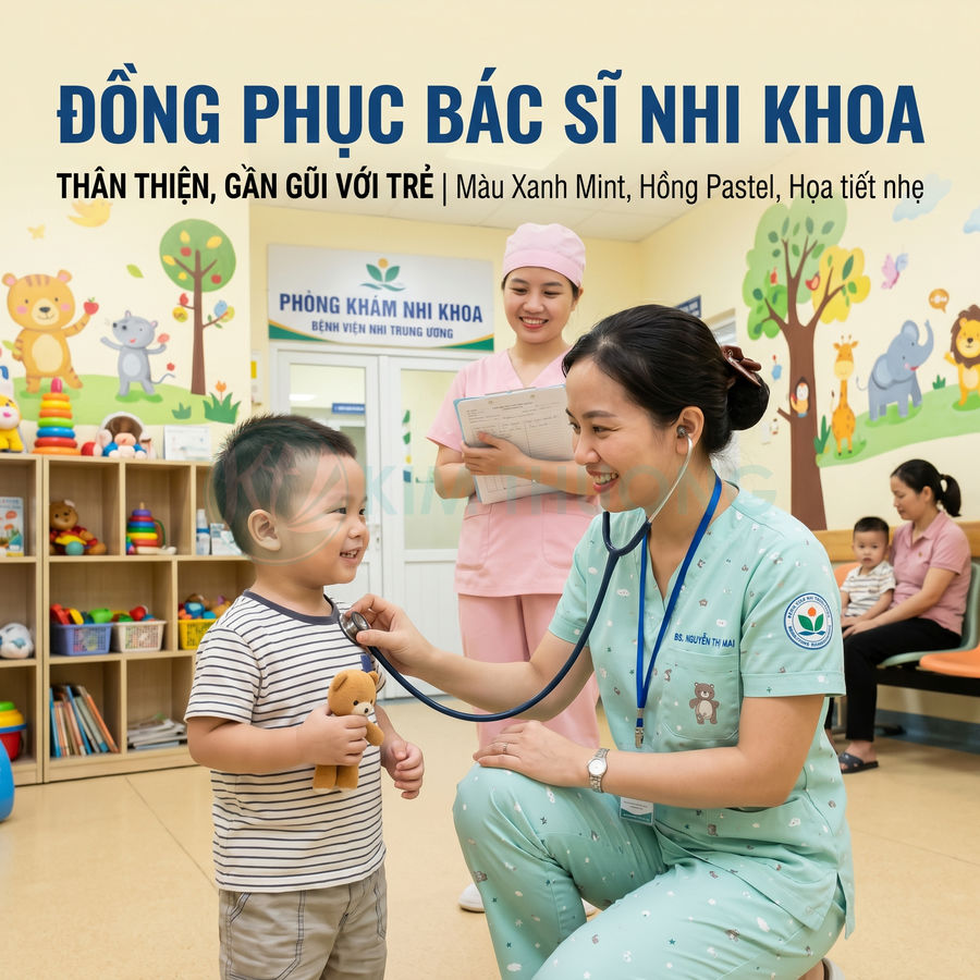 Đồng phục bác sĩ nhi khoa màu xanh mint họa tiết dễ thương đang khám cho bé trai trong phòng khám nhi