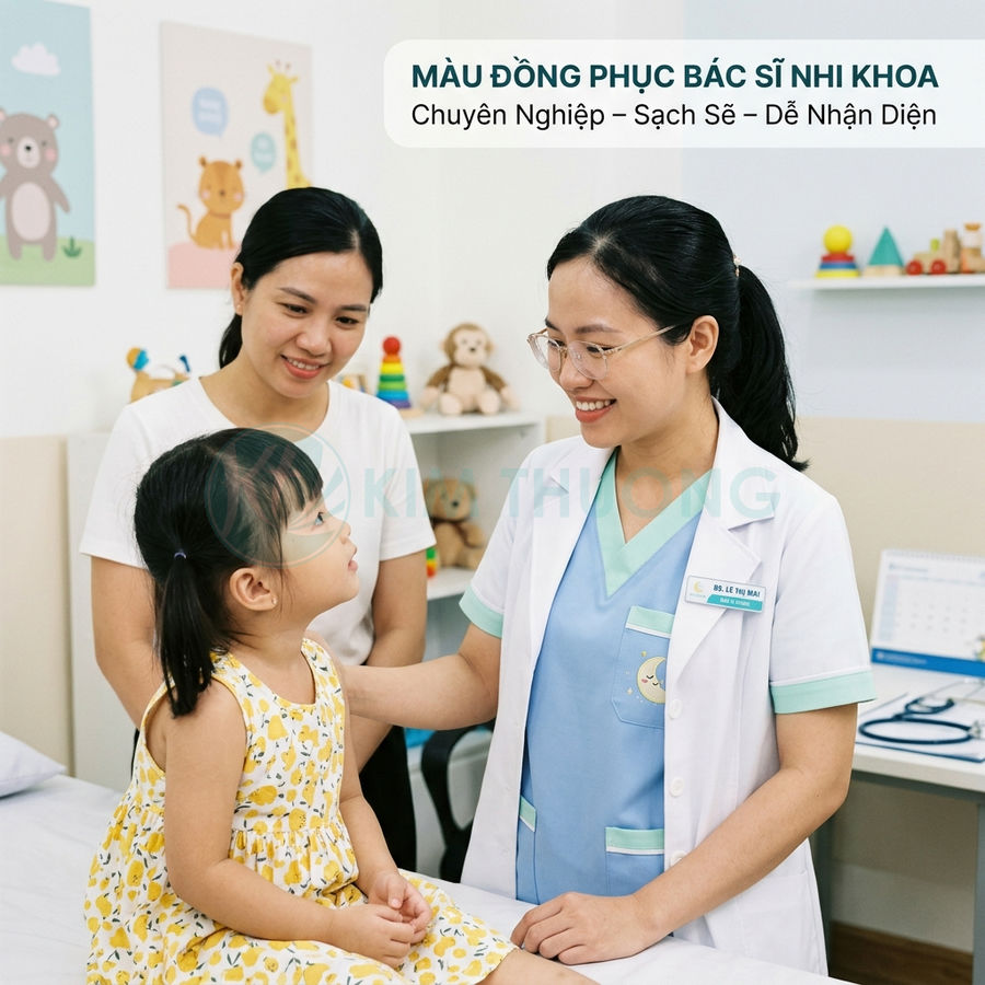 Bác sĩ nhi khoa mặc đồng phục blouse trắng xanh khám cho bé gái trong phòng khám trẻ em