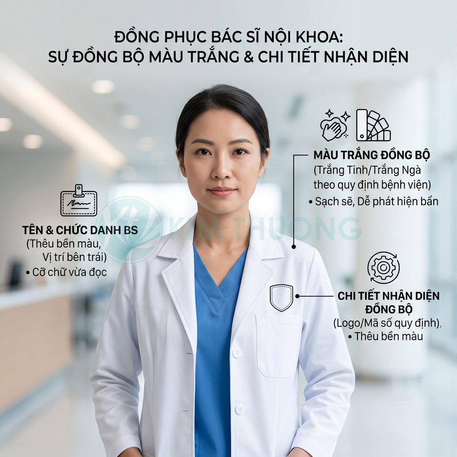 Đồng phục bác sĩ nội khoa nữ với áo blouse trắng, áo scrubs xanh dương và chi tiết thêu tên chức danh rõ ràng