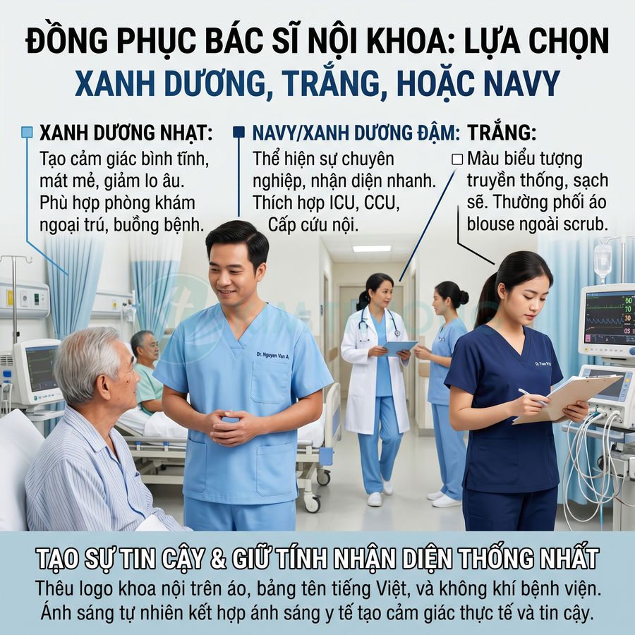 Đồng phục bác sĩ nội khoa màu xanh dương nhạt, xanh navy và trắng trong phòng bệnh viện hiện đại