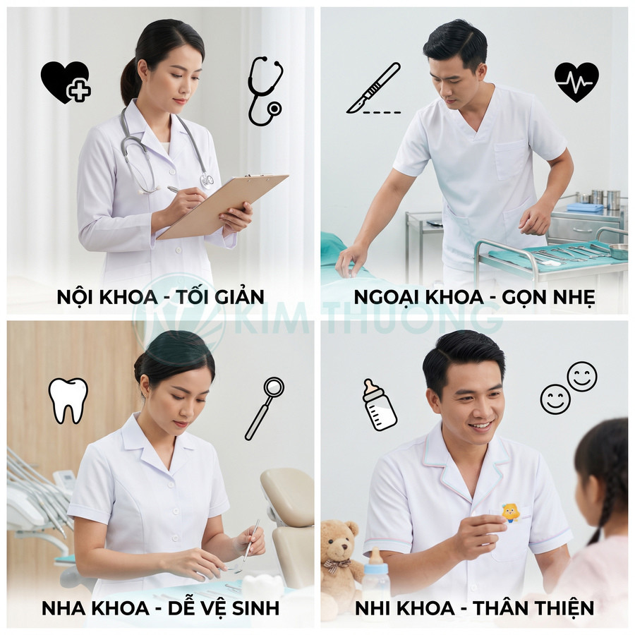Đồng phục y tá bác sĩ cho nội khoa ngoại khoa nha khoa nhi khoa màu trắng đơn giản thân thiện