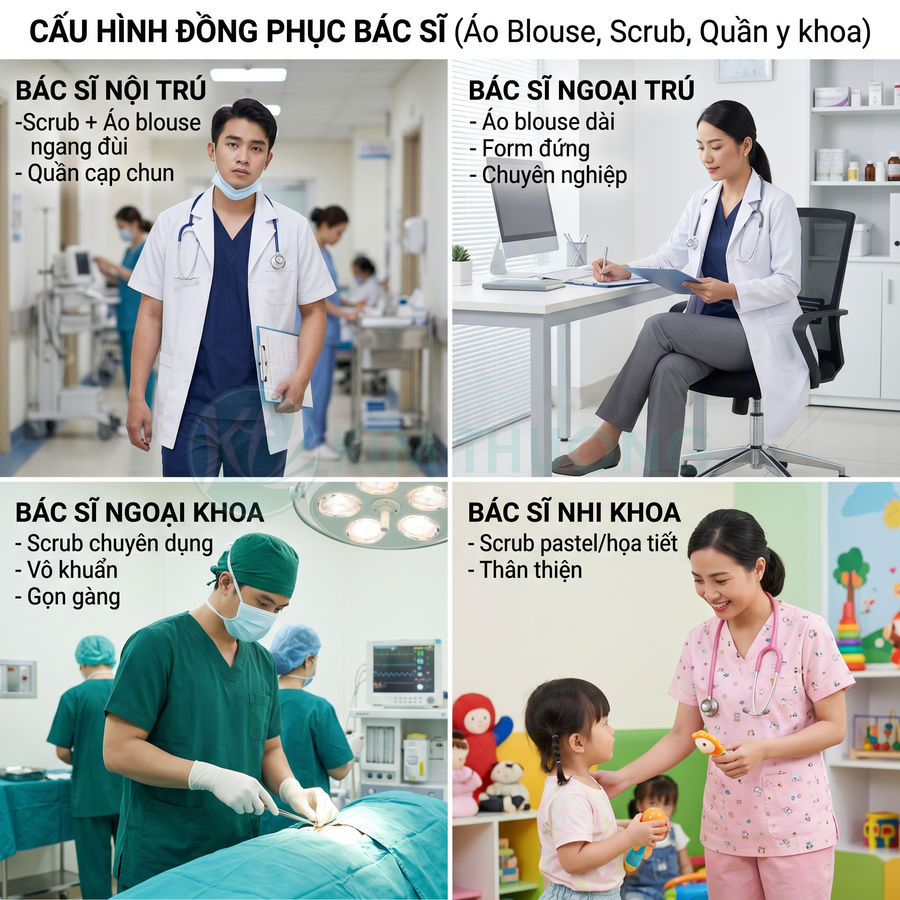 Các mẫu đồng phục bác sĩ nội trú, ngoại trú, ngoại khoa và nhi khoa trong bệnh viện