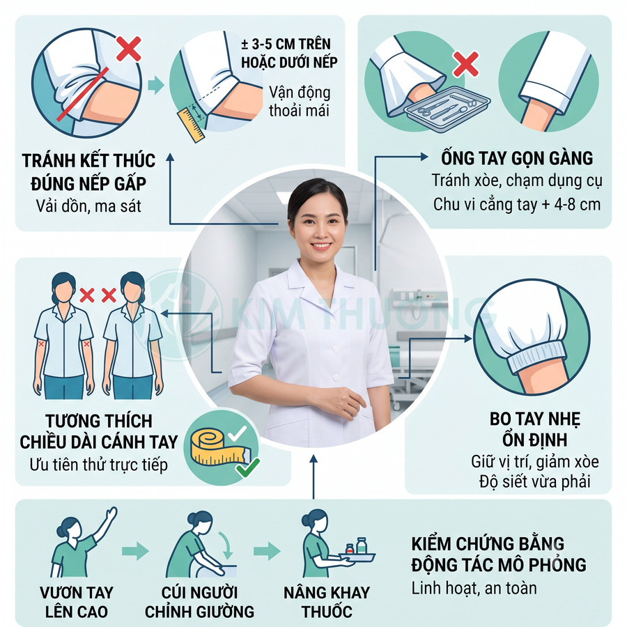 Đồng phục y tá tay lửng màu trắng, thiết kế ống tay gọn gàng bo nhẹ, phù hợp vận động trong bệnh viện