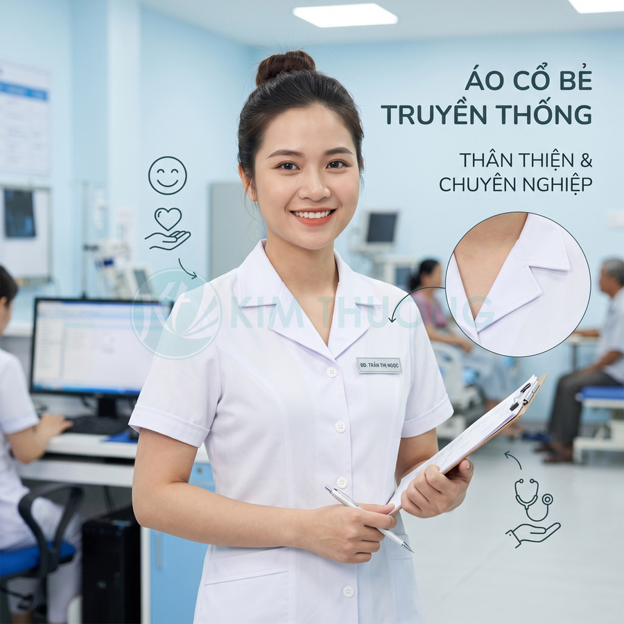 Nữ bác sĩ mặc áo blouse cổ bẻ truyền thống màu trắng, cầm bút và hồ sơ trong phòng khám hiện đại