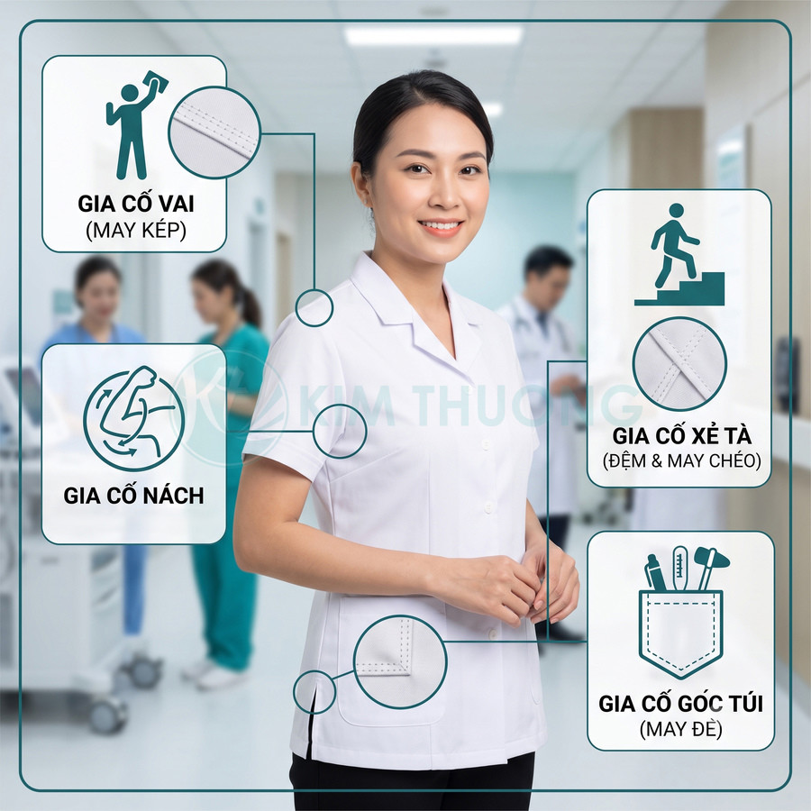 Áo blouse y tá nữ màu trắng có gia cố vai nách xẻ tà và góc túi trong bệnh viện