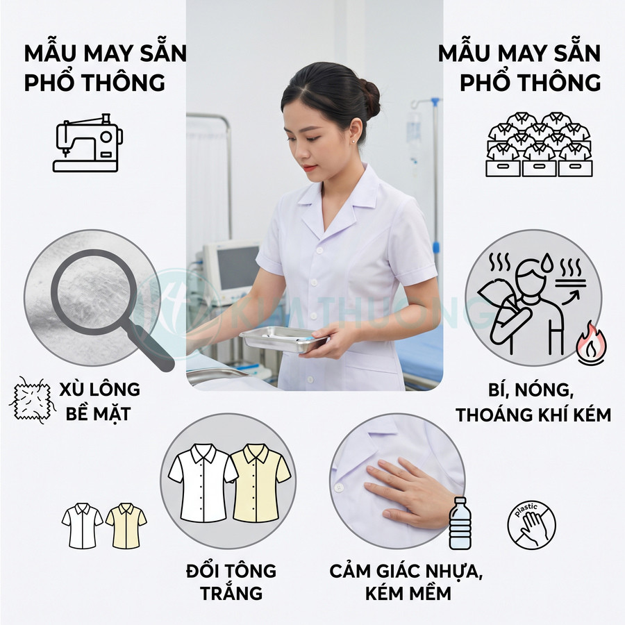 Đồng phục y tá nữ màu trắng tay ngắn, cổ bẻ, chất liệu may sẵn phổ thông trong phòng khám