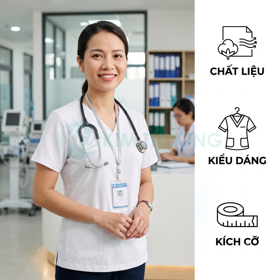 Đồng phục y tá nữ màu trắng cổ tim tay ngắn, chất liệu thoáng mát, kiểu dáng đơn giản chuyên nghiệp