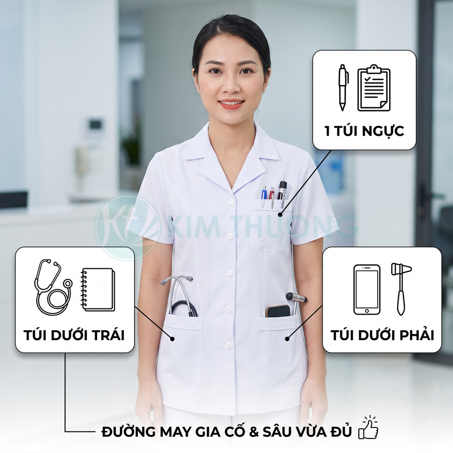 Áo blouse y tá trắng nhiều túi tiện dụng đựng bút ống nghe điện thoại trong bệnh viện