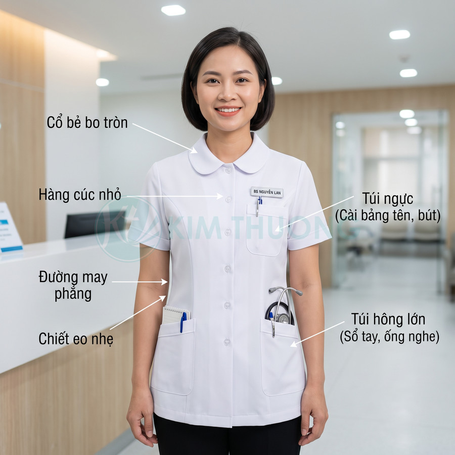 Áo blouse nữ bác sĩ cổ tròn chiết eo nhẹ, nhiều túi tiện dụng trong phòng khám hiện đại
